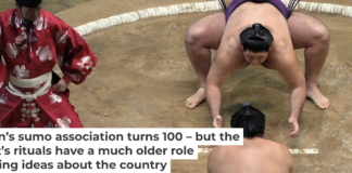 Sumo wrestlers Daieisho and Roga compete in a Grand Sumo Tournament bout at the Royal Albert Hall in London on Oct. 19, 2025. AP Photo/Frank Augstein